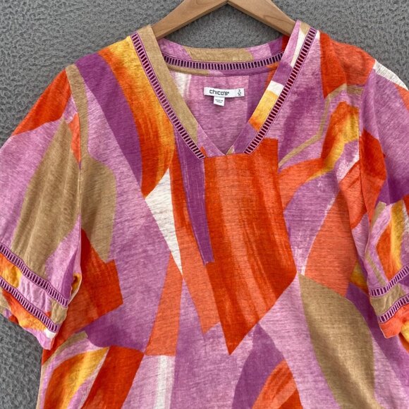 Chicos Top Womens 3 US Extra Large Orange Multi Linen Abstract Lace Detail Slub - Picture 2 of 9